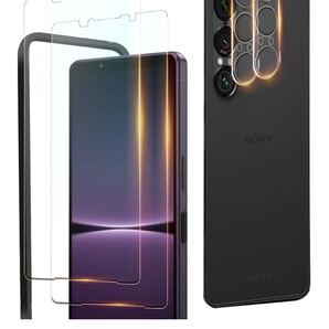 対応 Xperia 1 VII ガラスフィルム 2枚 + カメラフィルム 2枚 【日本旭硝子製】硬度9H 耐衝撃【ガイド枠付き】簡単貼り付け 飛散