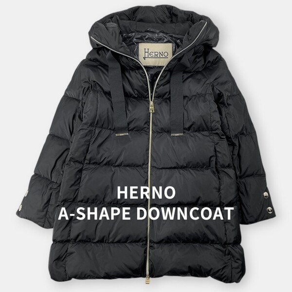 HERNO ヘルノ / 22AW / A-Shape ラゾ Aライン ダウンコート ダウンジャケット / グログランリボン / 黒 / PI1304D / レディース アウター