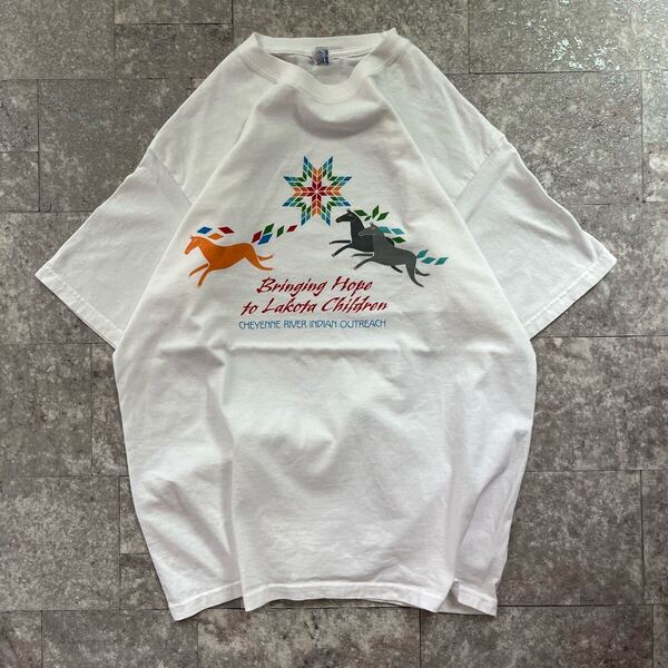 メンズ 古着 Tシャツ プリント ホワイト 白 YAZBEK 馬 アニマル L 送料込 半袖Tシャツ ロゴ