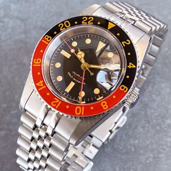 新品 自動巻 Tandorio ビンテージデザイン GMT SEIKO NH34 メンズ腕時計 機械式 回転ベゼル サファイア風防 裏スケ
