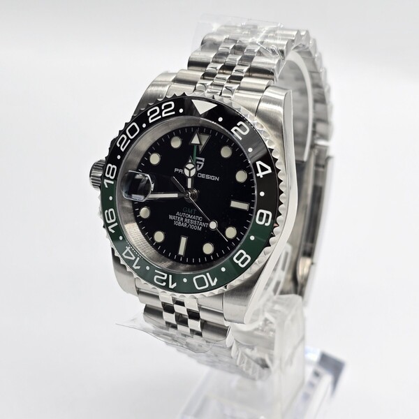 新品 自動巻 緑黒 レフト GMT SEIKO NH34 五連ブレス仕様 メンズ腕時計 機械式 回転ベゼル サファイア風防 裏スケ