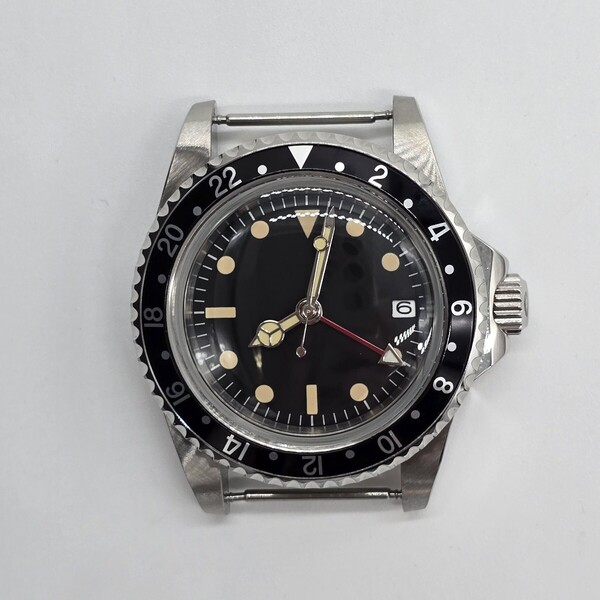 新品 自動巻 ノーロゴ ブラックベゼル ヴィンテージデザイン NH34A GMT メンズ腕時計 機械式 高級 アクリル風防 ストラップ無し