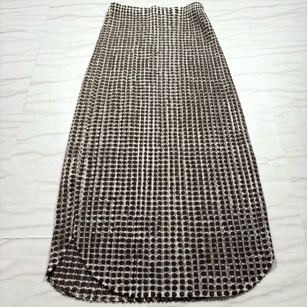 美品/サイズ1◎ PLEATS PLEASE ISSEY MIYAKE ドット柄 水玉模様 ロングスカート 総柄 白 ブラウン プリーツプリーズ イッセイミヤケ S