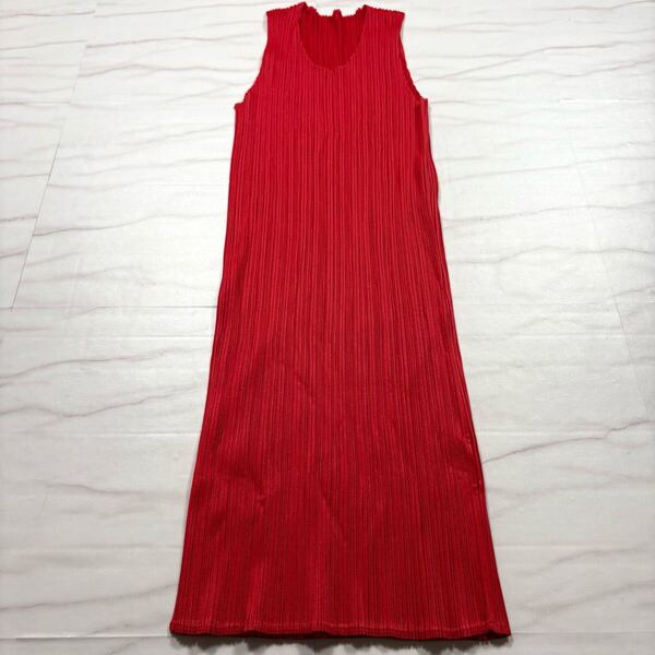 美品/M◎ プリーツプリーズ ワンピース ノースリーブ ロング丈 ドレス レッド 赤 イッセイミヤケ ISSEY MIYAKE PLEATS PLEASE