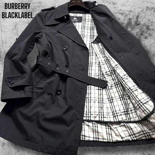 極美品/M◎ バーバリーブラックレーベル トレンチコート ノバチェック ライナー付き ダブル ベルト ビジネス 黒 BURBERRY BLACKLABEL