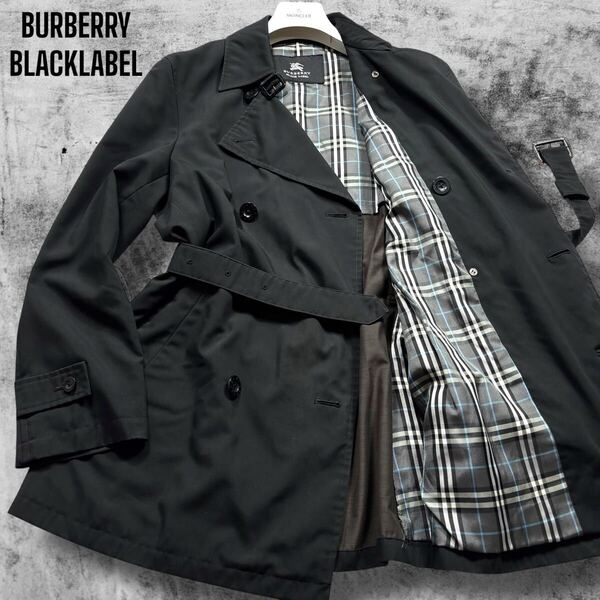 美品/M◎ バーバリーブラックレーベル トレンチコート ノバチェック ダブル ベルト ミドル丈 ビジネス メンズ 黒 BURBERRY BLACKLABEL