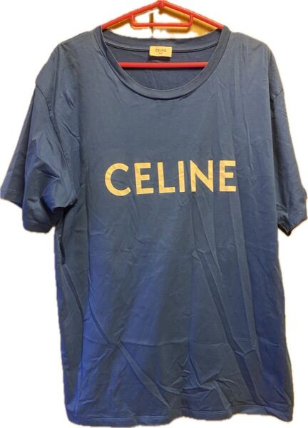 正規 22SS CELINE セリーヌ Hedi Slimane エディスリマン ロゴ プリント クルーネック Tシャツ 青 L 2X681501F