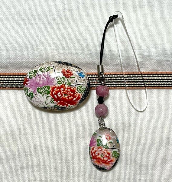 NO.2084 帯留め+帯飾り 2点セット!九谷焼 陶器 花葉 菊 リメイク品(帯留 和装小物)ハンドメイド品