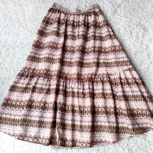 美品 ブルーレーベルクレストブリッジ スケッチプリントティアードマキシスカート 36 S マキシ丈 BLUE LABEL CRESTBRIDGE 三陽商会