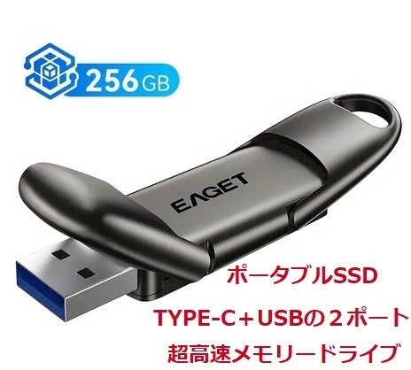 ポータブルSSD 256GB TYPE-C+USB-Aのデユアルポート 超高速+ハンデイ