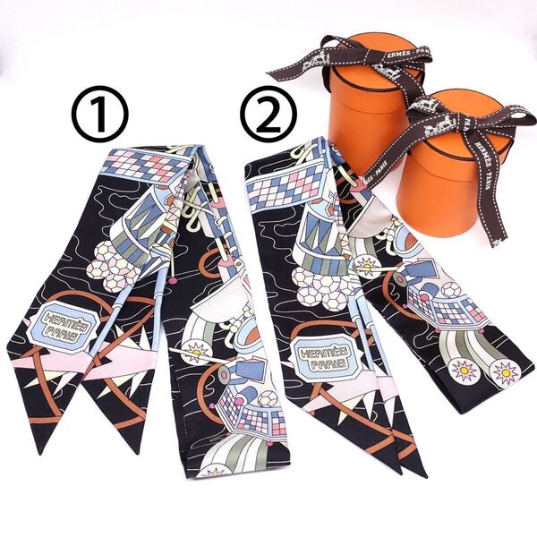 2本セット 美品 HERMES エルメス シルク ツイリー スカーフ Odyssey エルメス オデッセイ ノワール ブルーシエル ローズ ブラック 黒