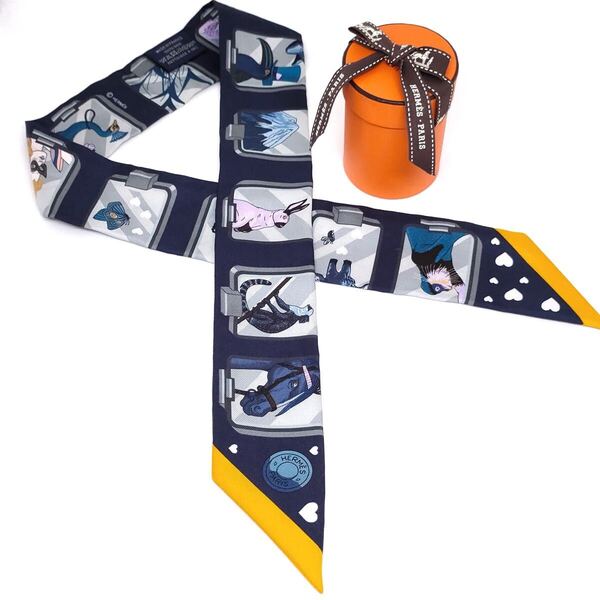 HERMES エルメス シルク ツイリー スカーフ HERMESSTORY エルメスストーリー ネイビー ブルー リボンスカーフ マルチカラー