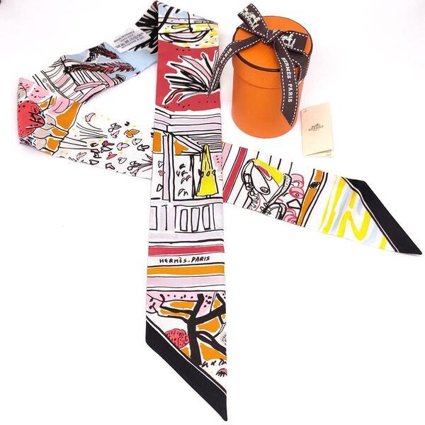 美品 HERMES エルメス シルク ツイリー スカーフ RAYURES D'ETE レイユール デテ ホワイト ブラック マルチカラー 白 黒 リボンスカーフ