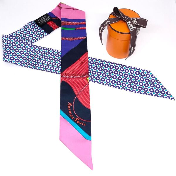 HERMES エルメス シルク ツイリー スカーフ Clic Clac Modern Cannage クリックラック ピンク ブルー ローズヴィフ ルージュ