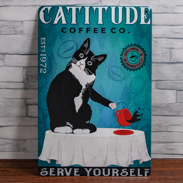 猫とカップのブリキ看板 20㎝×30㎝ アンティーク風 CATITUDE coffee co. インテリア等飾り ブリキ看板 新品