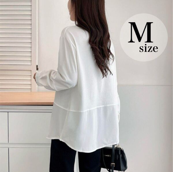 【長袖シャツ】白 ホワイト トップス レイヤード ロングシャツ チュニック ロンT tシャツ ロング カットソー 春夏秋冬 体型カバー ゆったり