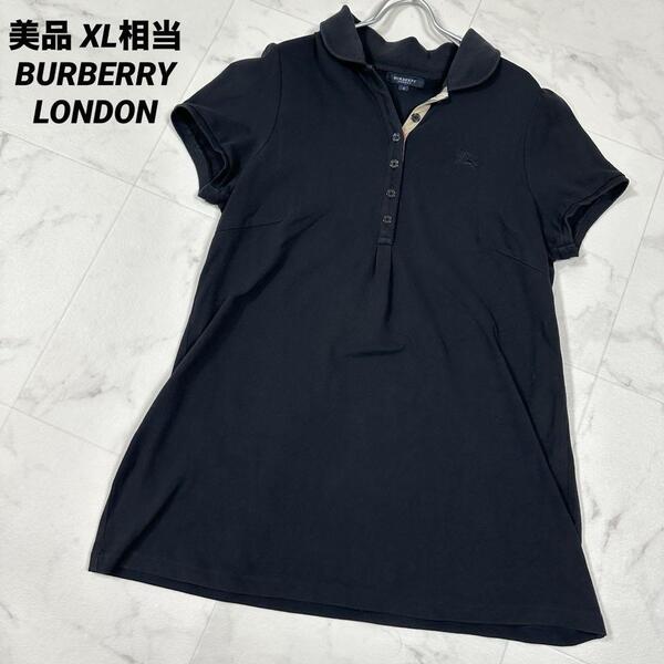【美品】BURBERRY LONDON バーバリー ロンドン ポロシャツ ブラック 黒 刺繍ロゴ XL相当 サイズ4