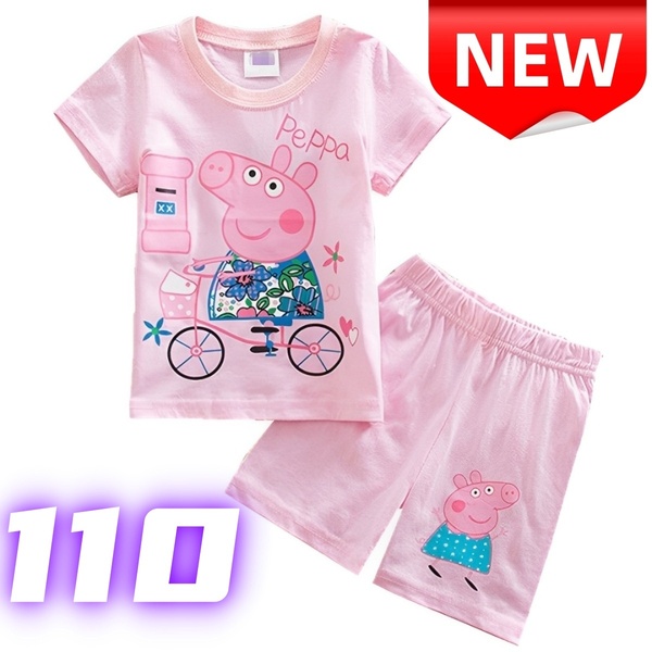 【新品】ペッパピッグ パジャマ 上下セット 子供服 女の子 半袖 Tシャツ ショートパンツ キッズ 部屋着 110cm 自転車柄 ピンク 綿100%