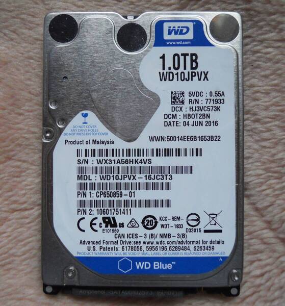 WD HDD 1TB 2.5inch SATA 04JUN2016 【中古品】