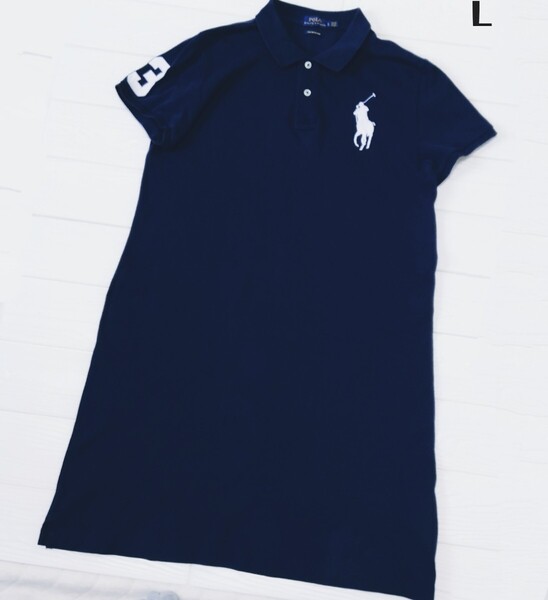 POLO RALPH LAUREN ポロラルフローレン Lサイズ レディース ポロシャツワンピース ネイビー 紺 半袖 ビッグポニー ナンバー3