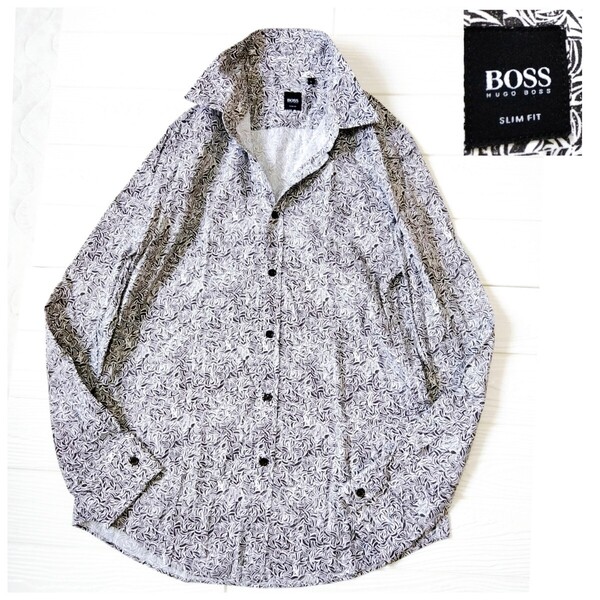 HUGO BOSS ヒューゴボス*長袖シャツ*パターン柄*スリムフィット*総柄*ドレスシャツ*総柄*モノトーン*M~L*白黒*コットン