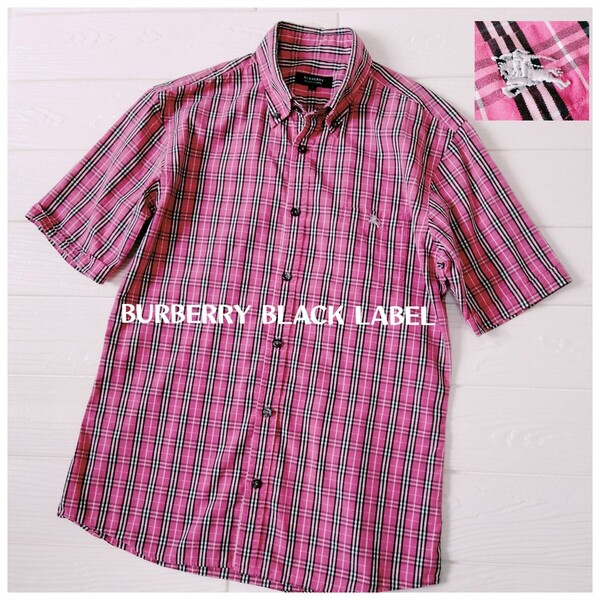 BURBERRY BLACK LABEL/バーバリーブラックレーベル*サイズ2*ピンク系チェック柄*半袖シャツ*ホースロゴ刺繍*ボタンダウン