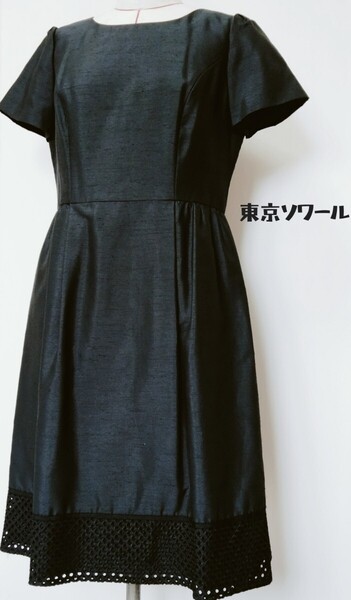 東京ソワール COCCOLUSSI ココラッシー*半袖ワンピース*サイズ11*黒*ブラック*フォーマル*膝下丈*試着程度