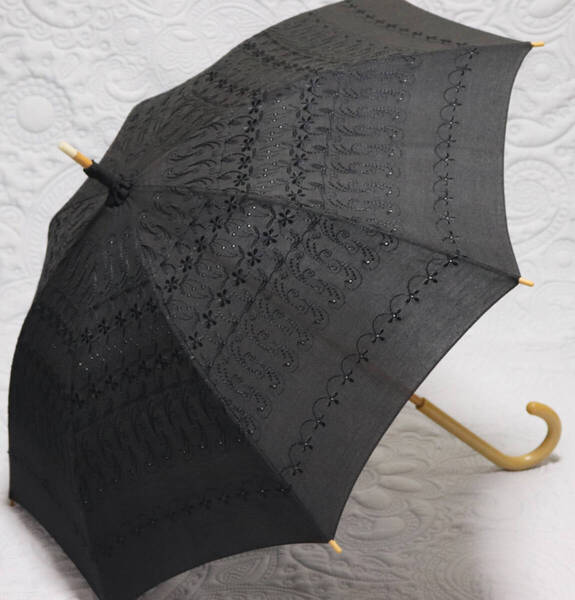 新品【長傘 日傘】繊細 豪華刺 木製 黒 v7120