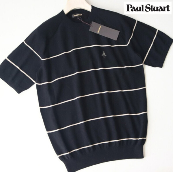 24,200円新品タグ付き【Paul Stuart ポール・スチュアート】鹿の子 半袖サマーニットTシャツ 黒 M v7193