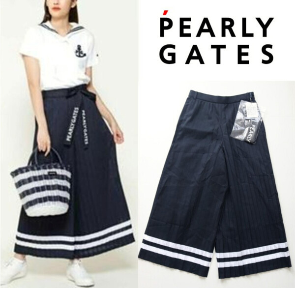 41,800円新品タグ付き【PEARLY GATES パーリーゲイツ】ロゴベルト付属 ロングプリーツ ワイドパンツ 紺 1(w70-74) v7196