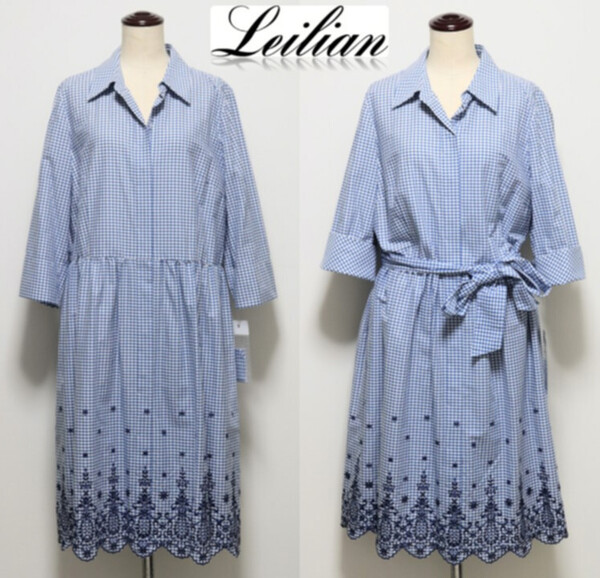64,900円新品【Leilian レリアン】前開き チェック柄 ミモレ丈 フレア刺繍ワンピース 17+ 大きいサイズ v5296