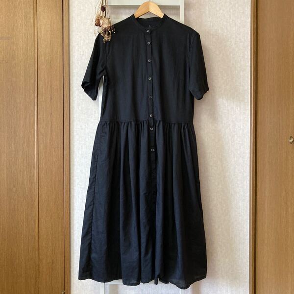 送料無料☆無印良品 MUJI ヘンプ コットン 半袖ワンピース Sサイズ 黒 シャツワンピース Mサイズでも