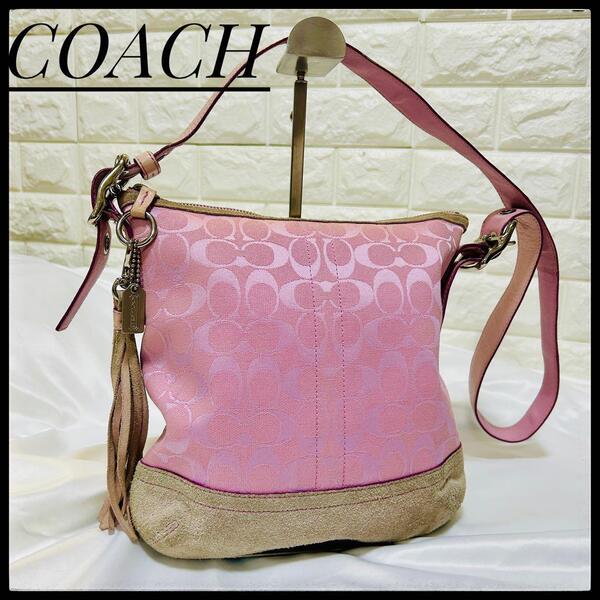 COACH ショルダーバッグ ピンク シグネチャー コーチ ベルト キャンバス バッグ 斜め掛け ベルト ショルダーベルト タッセル チャーム