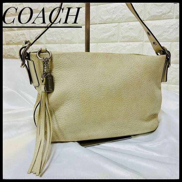 COACH コーチ アイボリー 白 ハンドバッグ シグネチャー レザー ホワイト 白 ベルト ショルダーベルト タッセル タッセルチャーム