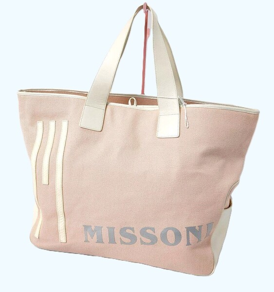 MISSONI ミッソーニ キャンバス×レザー マザーズバッグ トートバッグ 大きめ 大容量 ピンク×ホワイト【送料無料】