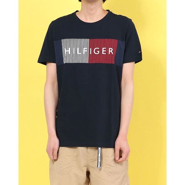 トミーヒルフィガー Tシャツ XL 紺 ロゴプリント オーガニックコットン Tommy Hilfiger T-Shirt XL Navy Logo Print Organic Cotton 半袖
