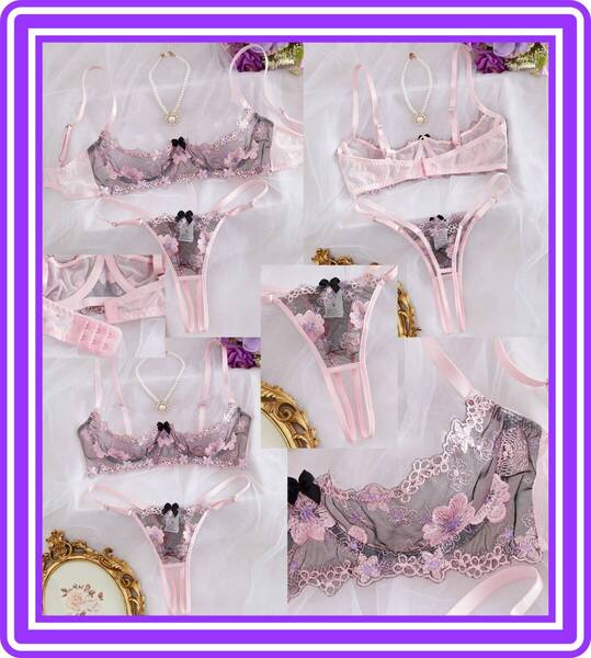 ★超Sexy★アンダーワイヤー★ランジェリーセット★ハーフカップ(オープンカップ)&オープンクロッチ★刺繍★メッシュシースルー★E186