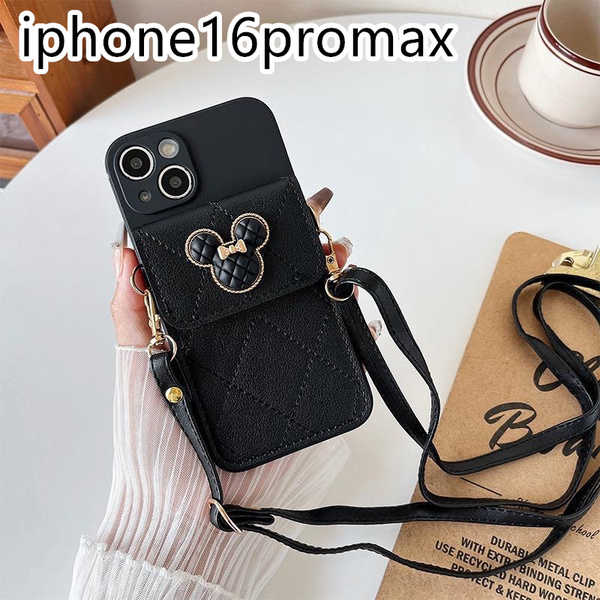 iphone16promaxケース カーバー ショルダー付き 可愛いお洒落 高品質 ブラック1b