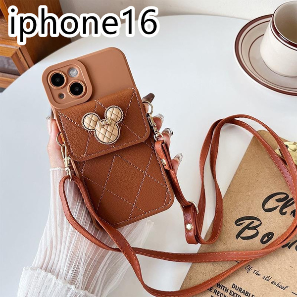 iphone16ケース カーバー ショルダー付き 可愛いお洒落 高品質 茶色1b