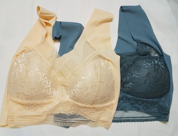 ▼大きいサイズのノンワイヤーブラ2枚★ブルーグレーとアプリコット★XXL(90B、85C、80D、75E)