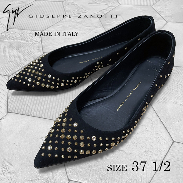 美品 定価8.3万円 伊製 ジュゼッペザノッティ【GIUSEPPE ZANOTTI】牛革 ポインテッドトゥ スタッズ&ビジュー装飾 フラットシューズ 37H