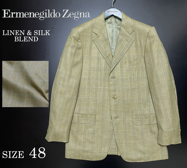 定価20万円 イタリア製 エルメネジルドゼニア【Ermenegildo Zegna】黒タグ シルク×リネン混ウール 3B テーラードジャケット 48 Drop7 春夏