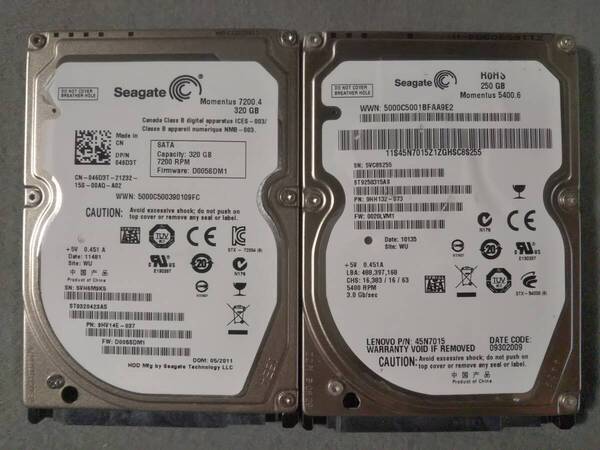 250GB 320GB Seagate 2.5インチ 9.5mm SATA 二個セット 正常状態ジャンク品