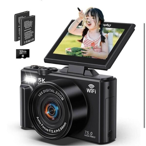 【5K】デジタルカメラ 5K録画 デジカメ 7500万画素 Wi-Fi機能 180度回転