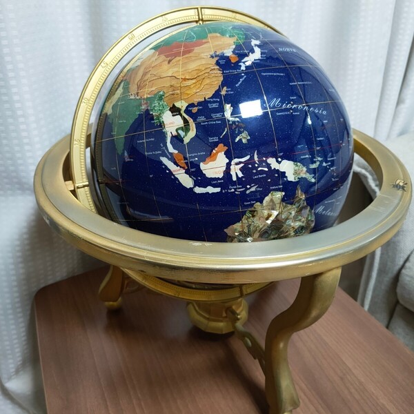 送料無料 ラピスラズリ地球儀 天然宝石 西洋アンティーク ハンドメイド 特大 高さ48cm 方位磁石 オブジェ 美術品 ヴィンテージ
