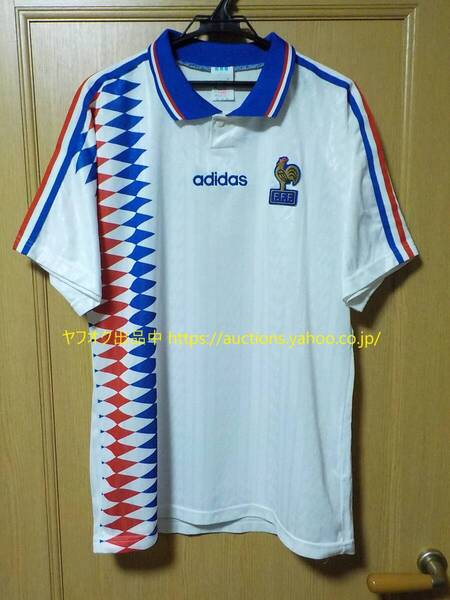 90s【即決 送料無料】adidas / DESCENTE フランス代表 1994/1995/1996 アウェイ 半袖 ユニフォーム L サッカー カントナ 94/95/96 509-5