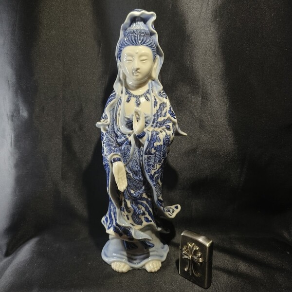 藍九谷 観音菩薩像 仏教美術 時代物 高さ30cm 骨董 旧家蔵出し 蒐集家放出