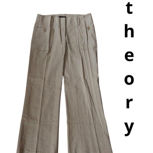 美品 セオリー theory リネン ワイド パンツ フレア 麻混 コットン ストレッチ スラックス 2 ベージュボトムス レディース