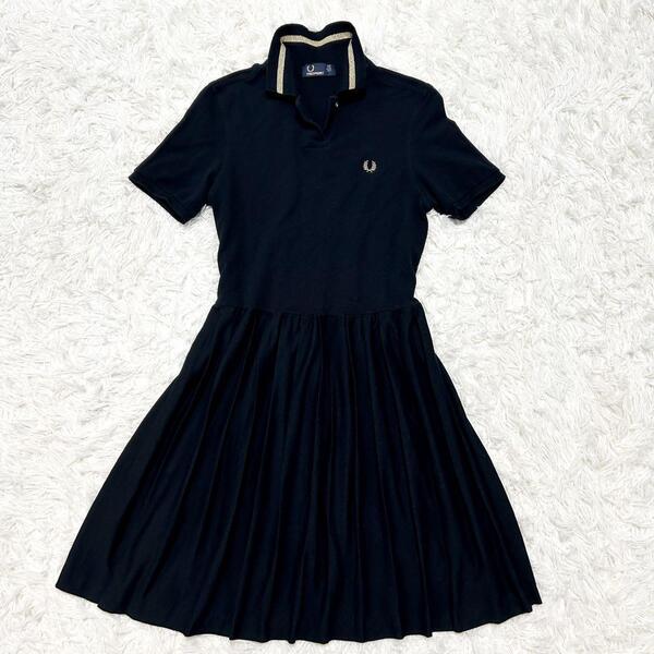 美品 FRED PERRY フレッドペリー ポロシャツ ワンピース 黒 フレア プリーツ ロゴ