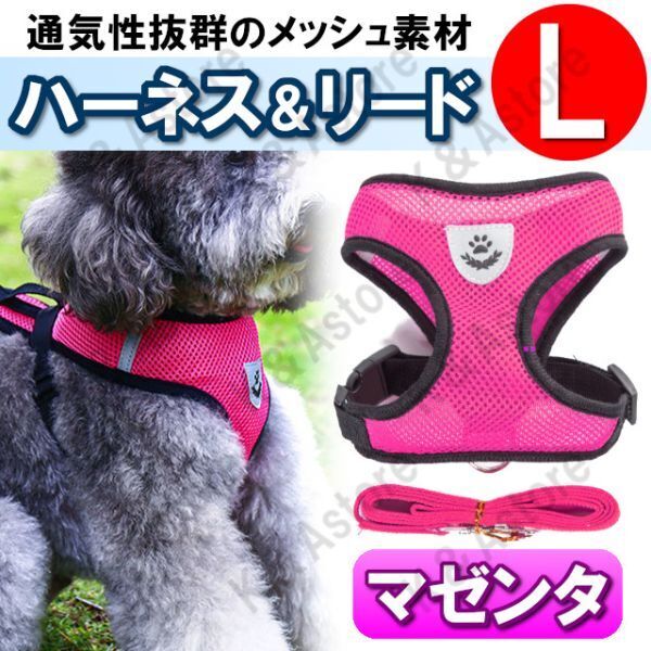 ハーネス リード メッシュ ペット 犬用 猫用 散歩 抜けない 脱げない 首輪 胴輪 超小型犬用 小型犬用 Lサイズ マゼンタ